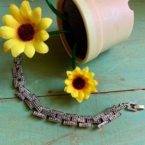 Vintage Art Deco Style Silver Tone Link Faux Marcasite Bracelet